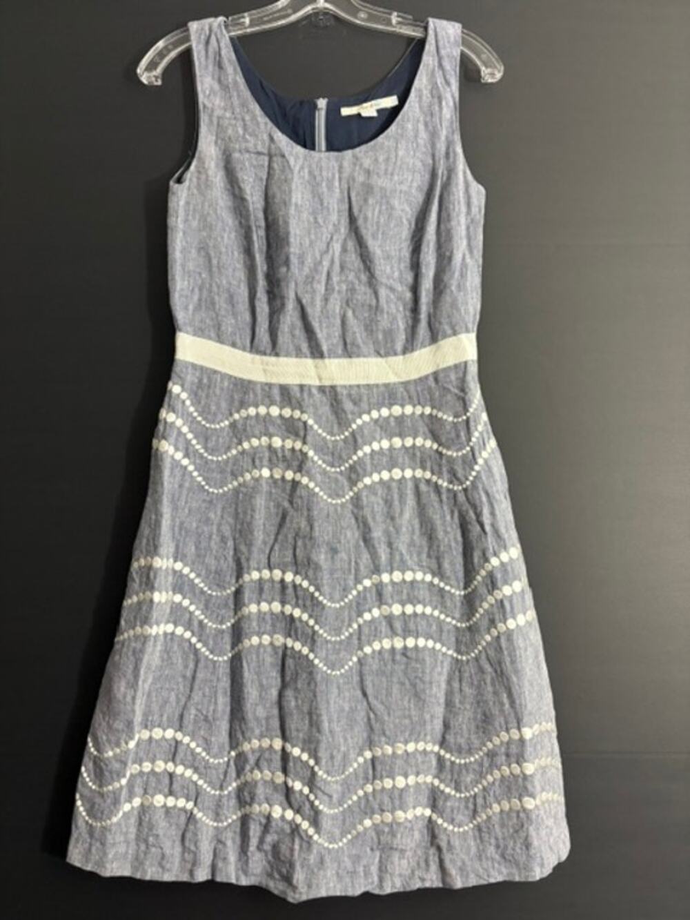 Boden Blue 100% Linen Embroidered Wavy Dot Dress Womens 6 / UK 10 Sleeveless Mid